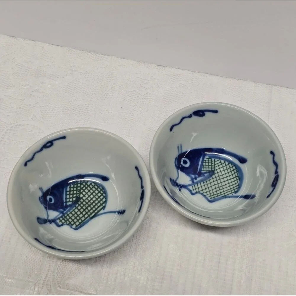 Vintage Asian Koi Catfish Carp Fish Porcelain Handpainted Rice Bowls Set Of 2